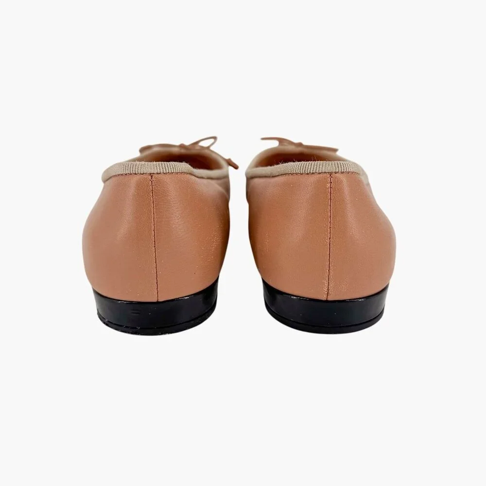 Prada Beige Black Cap Toe Logo Ballet Flats Leather Size 38 US 8 Women Two Tone - Picture 6 of 15